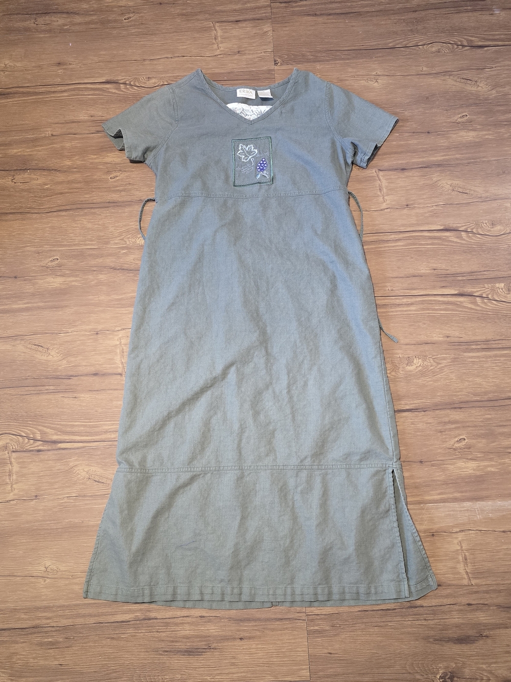 Vintage Erika Collection Casual Olive Green Embroidered Midi Linen Cotten Dress